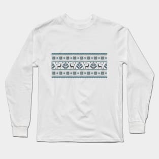 Realistic Palestinian Tatreez Embroidery Design #7 Deers  Black-Blue Long Sleeve T-Shirt